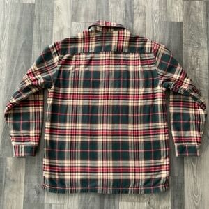 LL Bean Fleece Lined Flannel Shirt Jacket 
# 250393
Men’s Medium 
Green Tan Red
